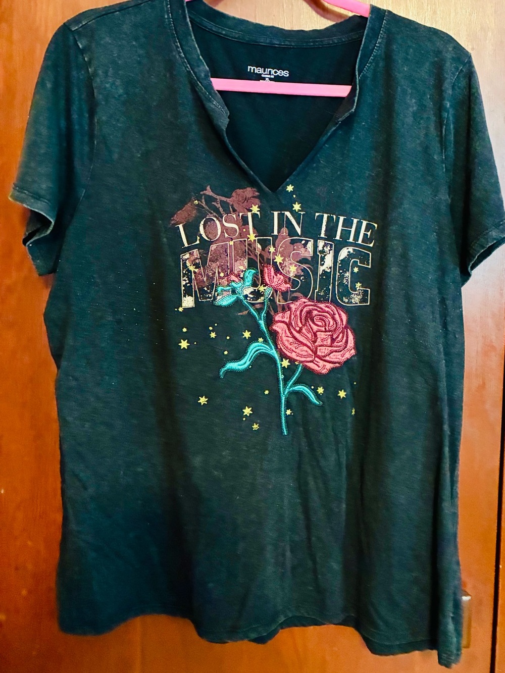 Maurices Black V-Neck Tee with Pink Rose Graphic